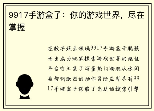 9917手游盒子：你的游戏世界，尽在掌握